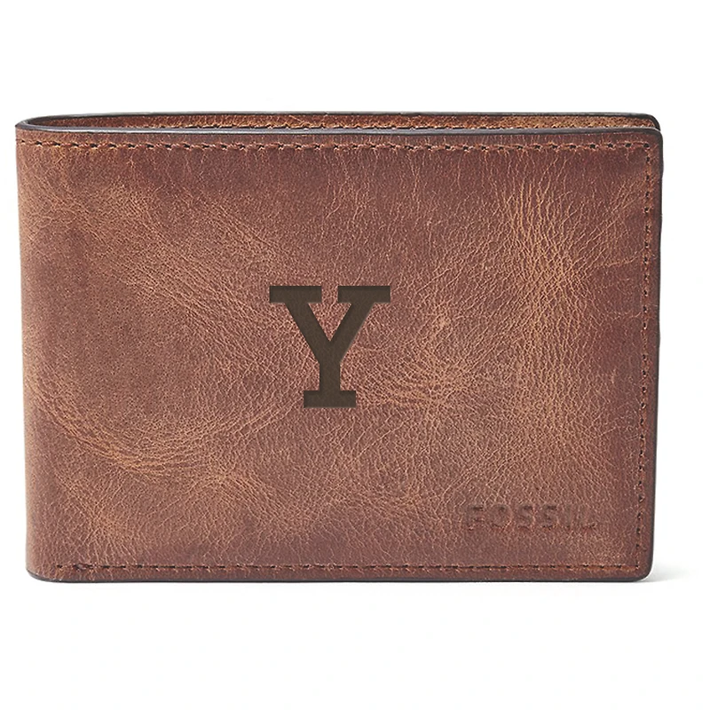 Men's Fossil Brown Yale Bulldogs Leather Derrick Front Pocket Bi-Fold Wallet