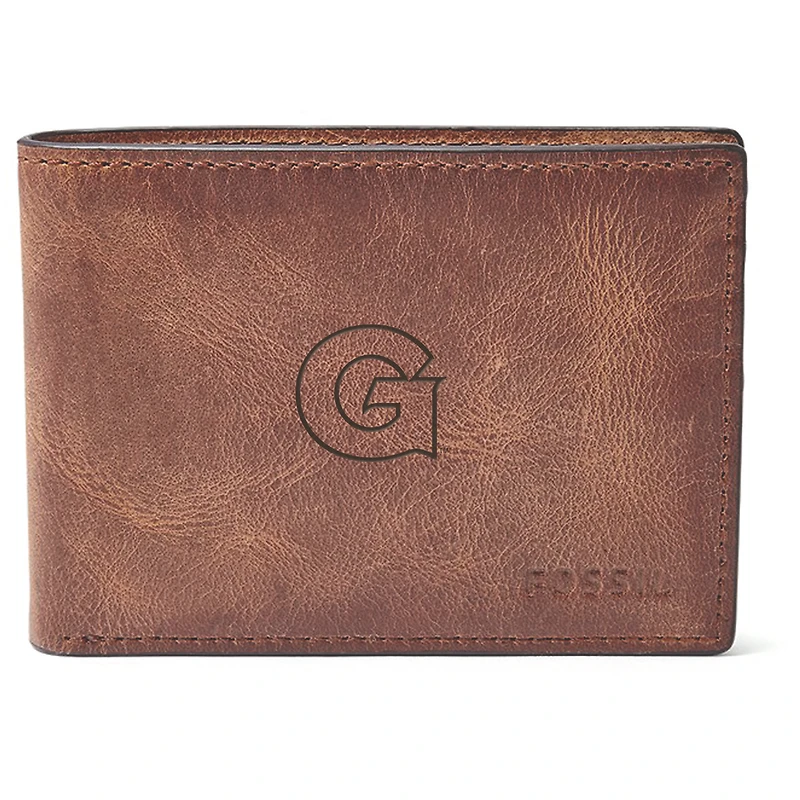 Men's Fossil Brown Georgetown Hoyas Leather Derrick Front Pocket Bi-Fold Wallet