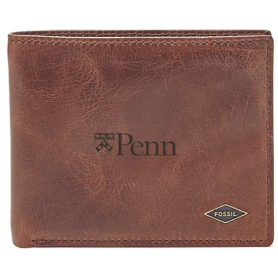 Men's Fossil Brown Pennsylvania Quakers Leather Ryan RFID Flip ID Bifold Wallet