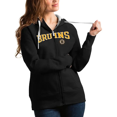 Women's Antigua Black Boston Bruins Wordmark Victory Full-Zip Hoodie