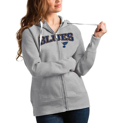 Women's Antigua Heathered Gray St. Louis Blues Wordmark Victory Full-Zip Hoodie