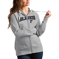 Women's Antigua Heathered Gray St. Louis Blues Wordmark Victory Full-Zip Hoodie