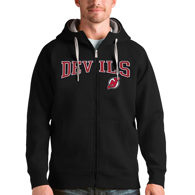 Men's Antigua Black New Jersey Devils Wordmark Victory Full-Zip Hoodie