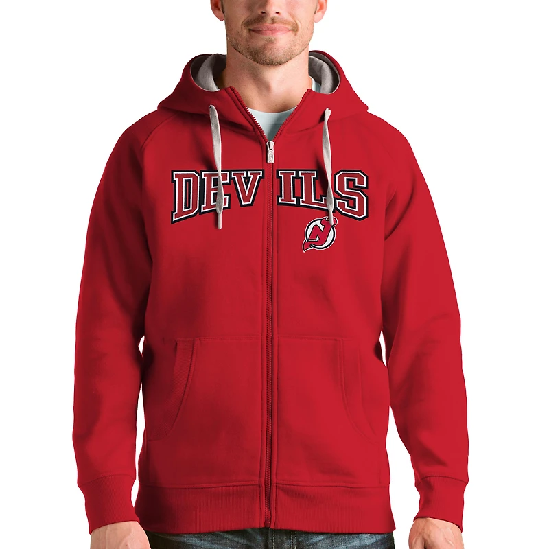Men's Antigua Red New Jersey Devils Wordmark Victory Full-Zip Hoodie