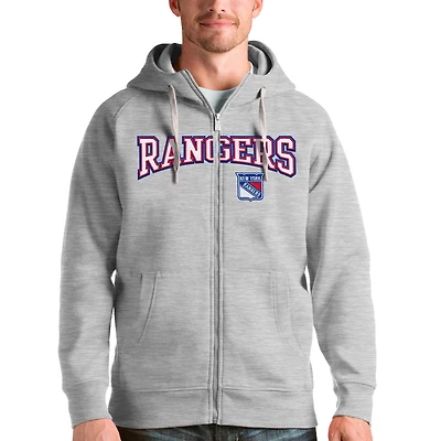 Men's Antigua Heathered Gray New York Rangers Wordmark Victory Full-Zip Hoodie