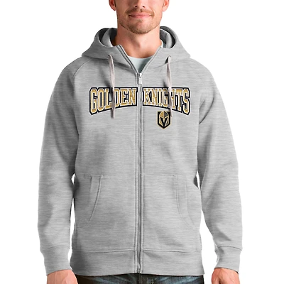 Men's Antigua Heathered Gray Vegas Golden Knights Wordmark Victory Full-Zip Hoodie