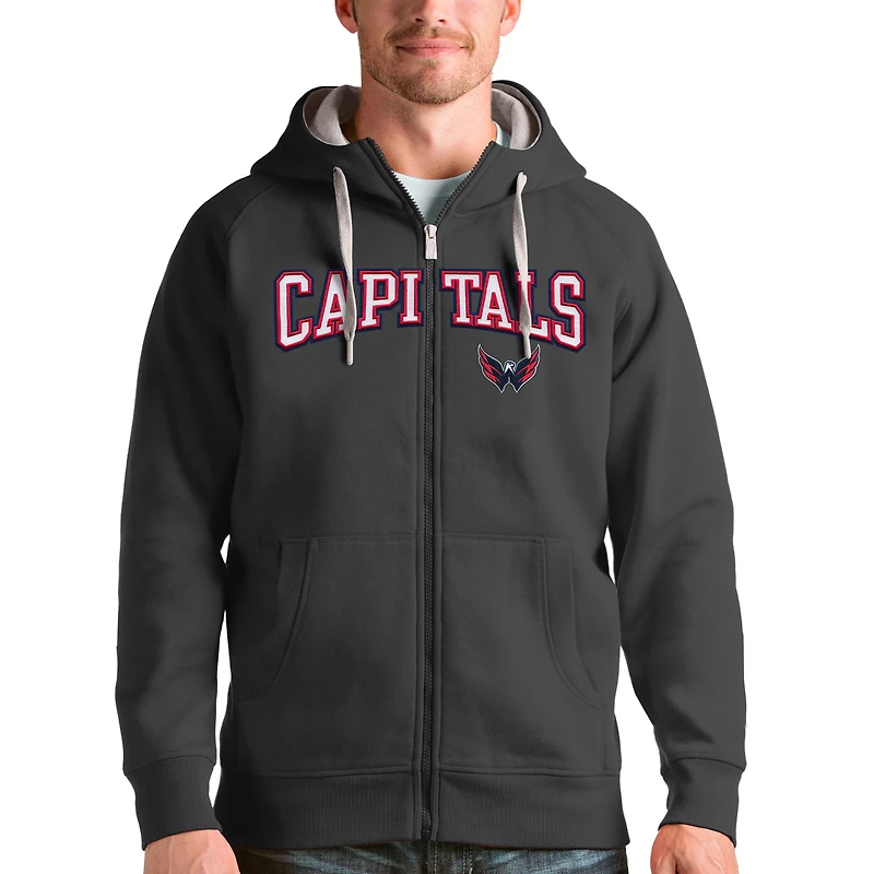 Men's Antigua Charcoal Washington Capitals Wordmark Victory Full-Zip Hoodie