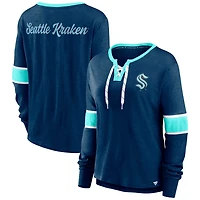 Women's Fanatics Navy Seattle Kraken Effervescent Exclusive Notch Neck Lace-Up Long Sleeve Slub T-Shirt