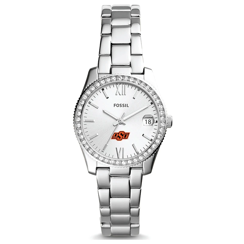 Women's Fossil Silver Oklahoma State Cowboys Scarlette Mini Three-Hand Date Watch