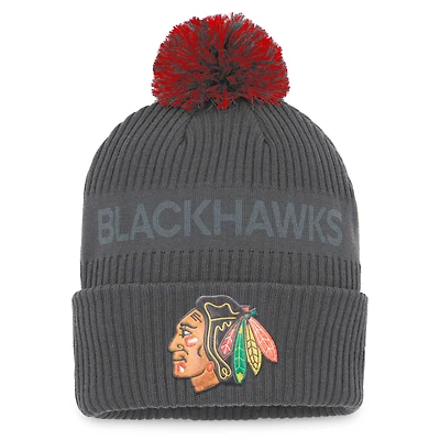 Men's Fanatics Charcoal Chicago Blackhawks Authentic Pro Home Ice Cuffed Knit Hat with Pom