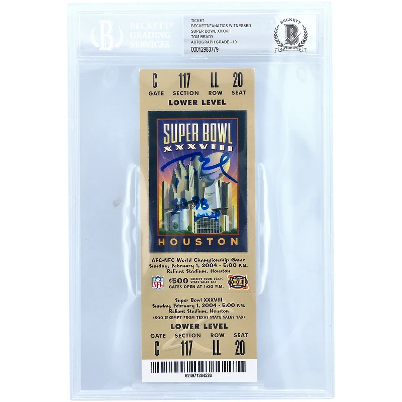Tom Brady New England Patriots Autographed Super Bowl XXXVIII Ticket with "SB 38 MVP" Inscription - Beckett Graded 10