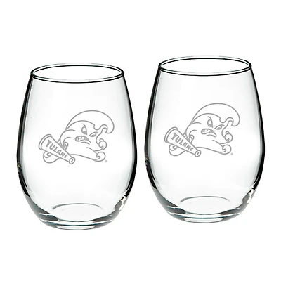 Tulane Green Wave 21oz. 2-Piece Stemless Wine Glass Set