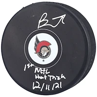 Brady Tkachuk Ottawa Senators Autographed Hockey Puck with "1st NHL Hat Trick 12/11/21" Inscription