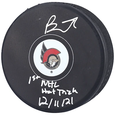 Brady Tkachuk Ottawa Senators Autographed Hockey Puck with "1st NHL Hat Trick 12/11/21" Inscription