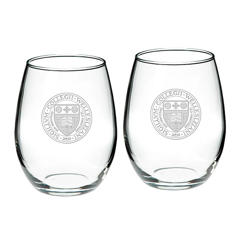 Wellesley Blue 21oz. 2-Piece Logo Stemless Wine Glass Set