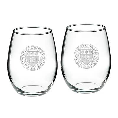 Wellesley Blue 21oz. 2-Piece Logo Stemless Wine Glass Set