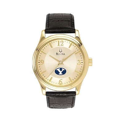 Men's Gold/Black BYU Cougars Stainless Steel Watch with Leather Band