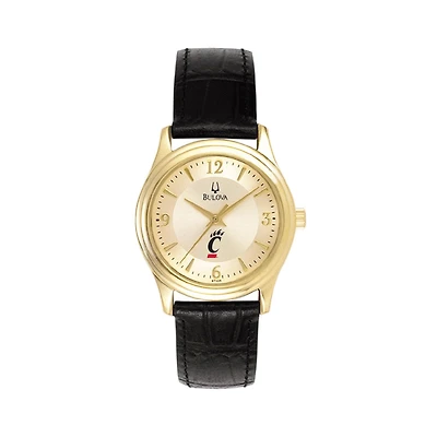 Women's Bulova Gold/Black Cincinnati Bearcats Stainless Steel Watch with Leather Band