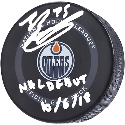 Evan Bouchard Edmonton Oilers Autographed 2019 Model Official Game Puck with ''NHL Debut 10/6/18'' Inscription