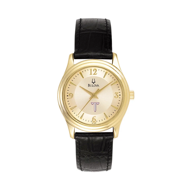 Women's Bulova Gold/Black Troy University Trojans Stainless Steel Watch with Leather Band