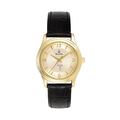 Women's Bulova Gold/Black Troy University Trojans Stainless Steel Watch with Leather Band