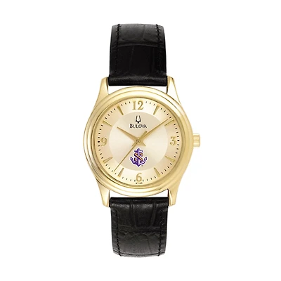 Women's Bulova Gold/Black LSU Shreveport Pilots Stainless Steel Watch with Leather Band