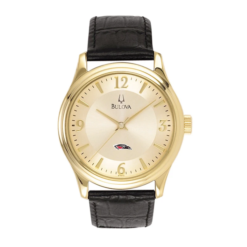 Men's Bulova Gold/Black Southern Oregon Raiders Stainless Steel Watch with Leather Band
