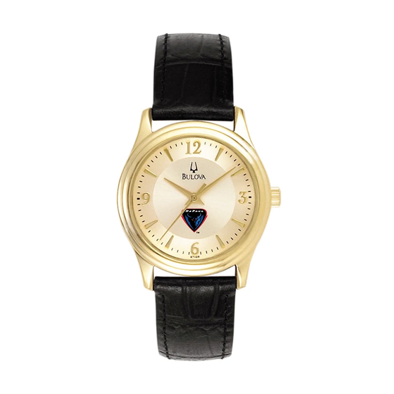 Women's Bulova Gold/Black DePaul Blue Demons Stainless Steel Watch with Leather Band