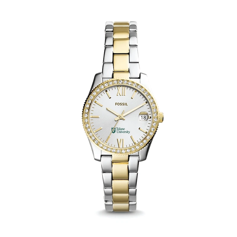 Women's Fossil Silver/Gold Tulane Green Wave Scarlette Mini Two-Tone Stainless Steel Watch