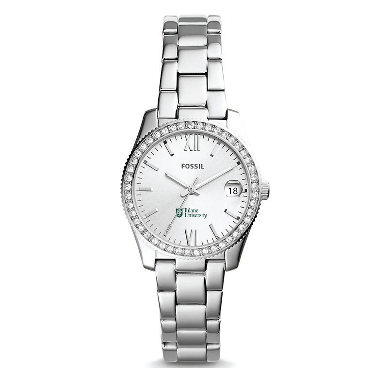 Women's Fossil Silver Tulane Green Wave Scarlette Mini Three-Hand Date Watch