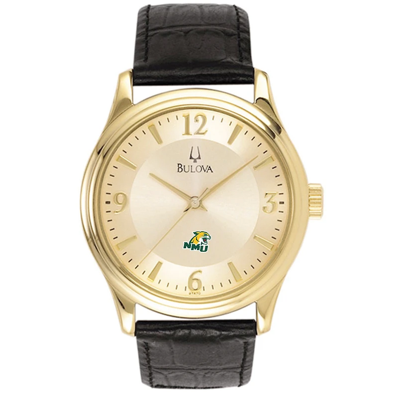 Bulova Gold Northern Michigan Wildcats Stainless Steel Watch with Leather Band