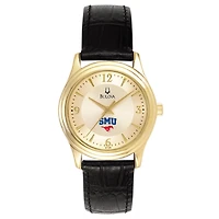 Women's Bulova Gold SMU Mustangs Stainless Steel Watch with Leather Band