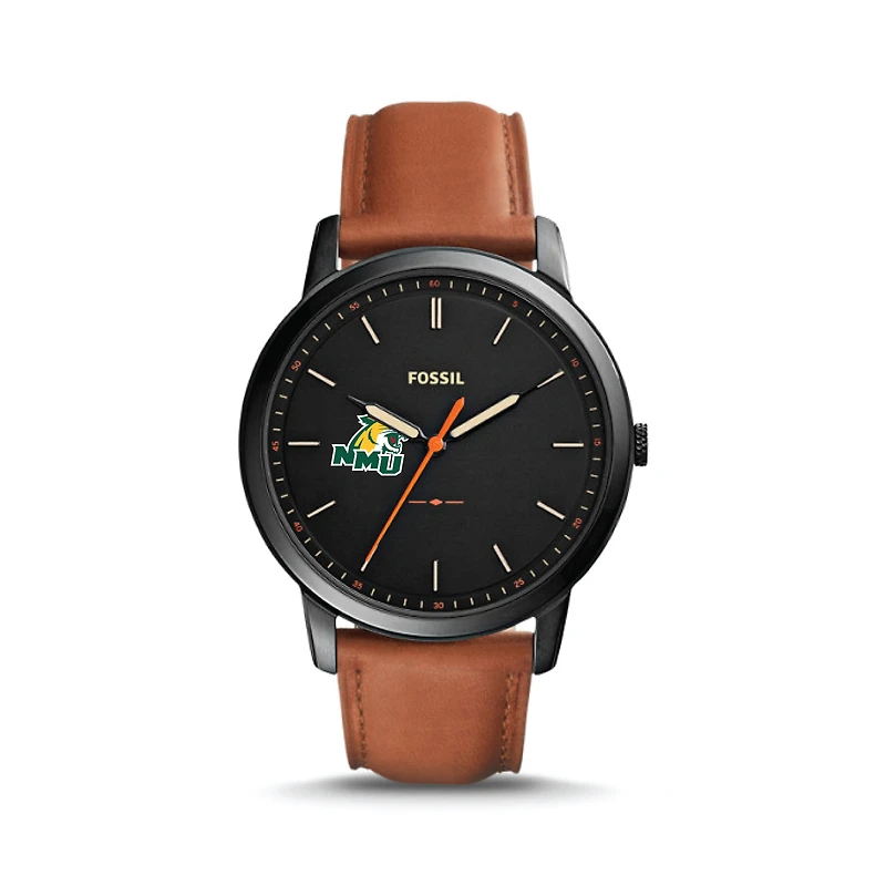 Fossil Black Northern Michigan Wildcats The Minimalist Slim Light Brown Leather Watch