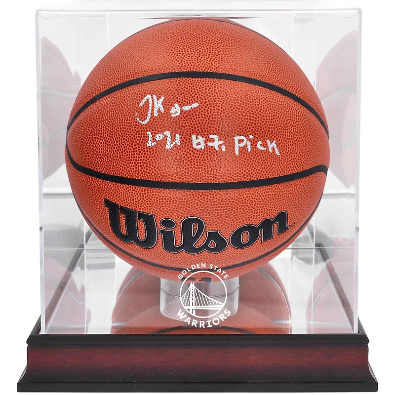 Jonathan Kuminga Golden State Warriors Autographed Wilson Replica Basketball with "2021 #7 Pick" Inscription & Mahogany Team Logo Display Case