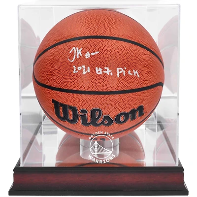 Jonathan Kuminga Golden State Warriors Autographed Wilson Replica Basketball with "2021 #7 Pick" Inscription & Mahogany Team Logo Display Case