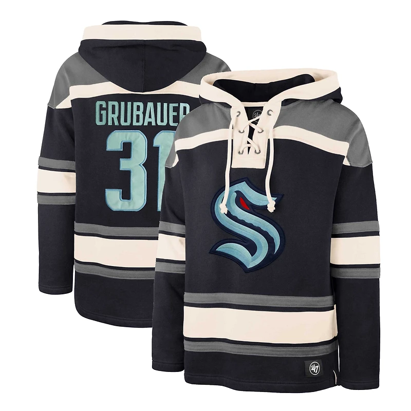 Men's '47 Philipp Grubauer Deep Sea Blue Seattle Kraken Player Lacer Pullover Hoodie