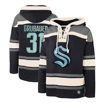 Men's '47 Philipp Grubauer Deep Sea Blue Seattle Kraken Player Lacer Pullover Hoodie