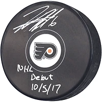 Travis Sanheim Philadelphia Flyers Autographed Hockey Puck with ''NHL DEBUT 10/5/17'' Inscription