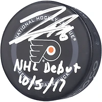 Travis Sanheim Philadelphia Flyers Autographed 2021 Model Official Game Puck with ''NHL DEBUT 10/5/17'' Inscription
