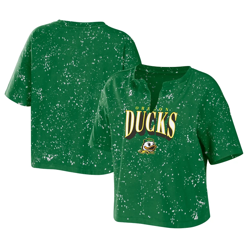 Women's WEAR by Erin Andrews Green Oregon Ducks Bleach Wash Splatter Cropped Notch Neck T-Shirt