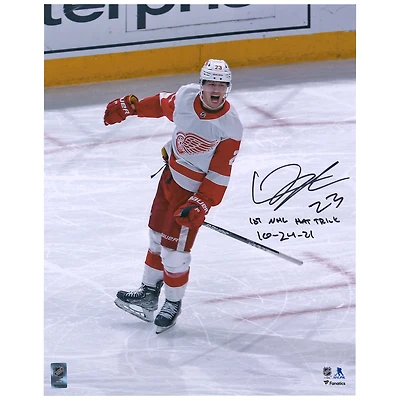 Lucas Raymond Detroit Red Wings Autographed 16" x 20" 1st Hat Trick Celebration Photograph with "1st NHL Hat Trick 10-24-21" Inscription