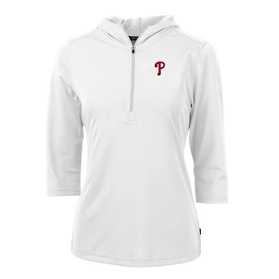 Women's Cutter & Buck White Philadelphia Phillies Virtue Eco Pique 3/4 Sleeve Half-Zip Pullover Hoodie