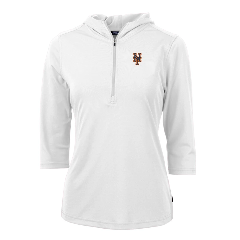 Women's Cutter & Buck White New York Mets Virtue Eco Pique 3/4 Sleeve Half-Zip Pullover Hoodie