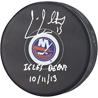 Cal Clutterbuck New York Islanders Autographed Hockey Puck with "Isles Debut 10/11/13" Inscription
