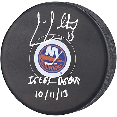 Cal Clutterbuck New York Islanders Autographed Hockey Puck with "Isles Debut 10/11/13" Inscription