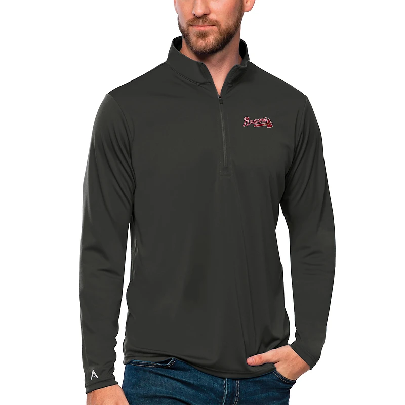 Men's Antigua Charcoal Atlanta Braves Tribute Quarter-Zip Pullover Top