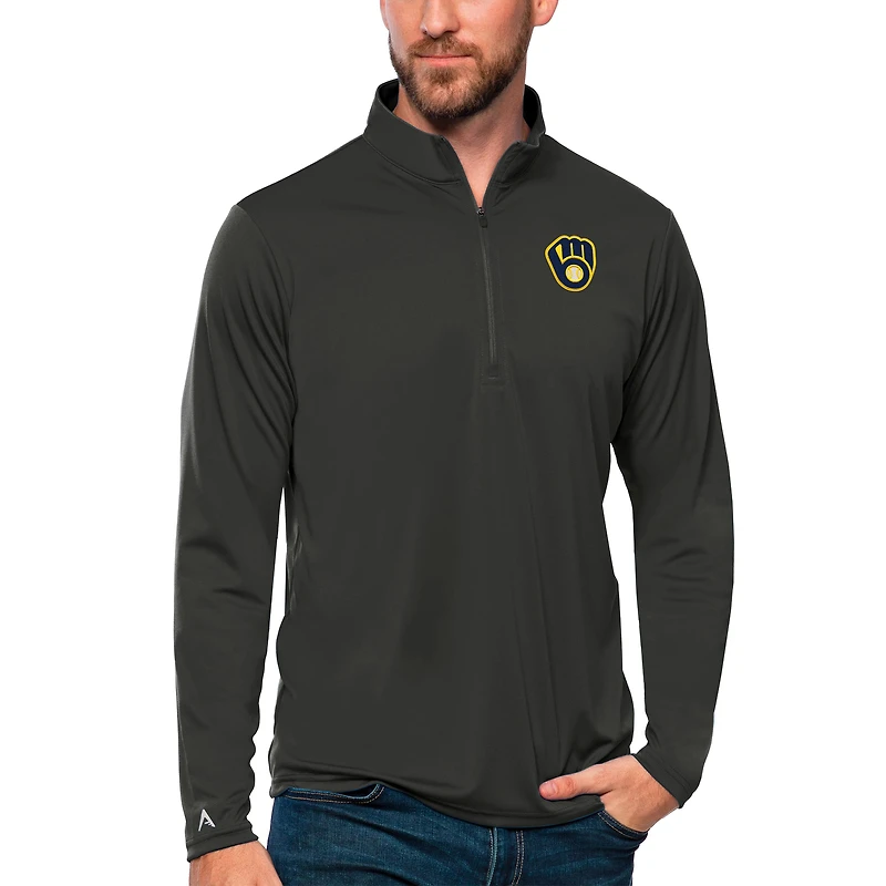 Men's Antigua Charcoal Milwaukee Brewers Tribute Quarter-Zip Pullover Top