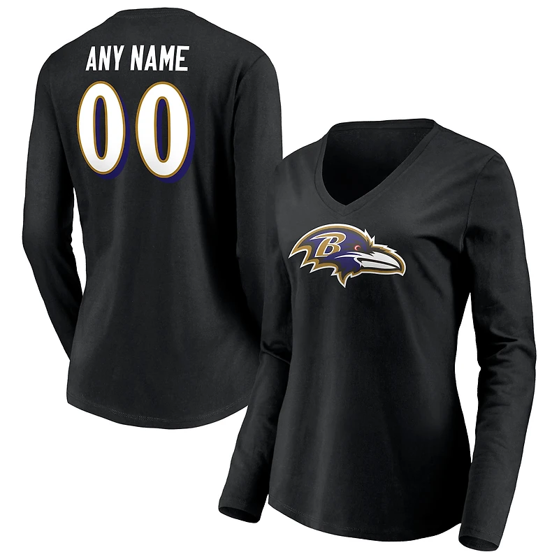 Women's Black Baltimore Ravens Team Authentic Personalized Name & Number Long Sleeve V-Neck T-Shirt