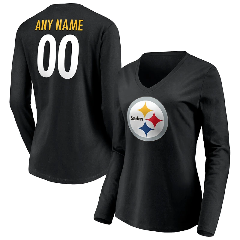 Women's Black Pittsburgh Steelers Team Authentic Personalized Name & Number Long Sleeve V-Neck T-Shirt