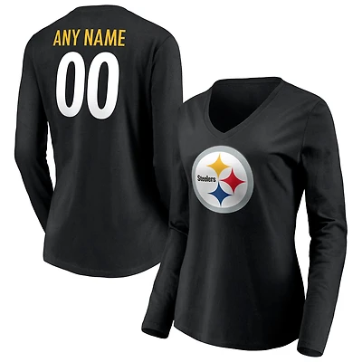 Women's Black Pittsburgh Steelers Team Authentic Personalized Name & Number Long Sleeve V-Neck T-Shirt